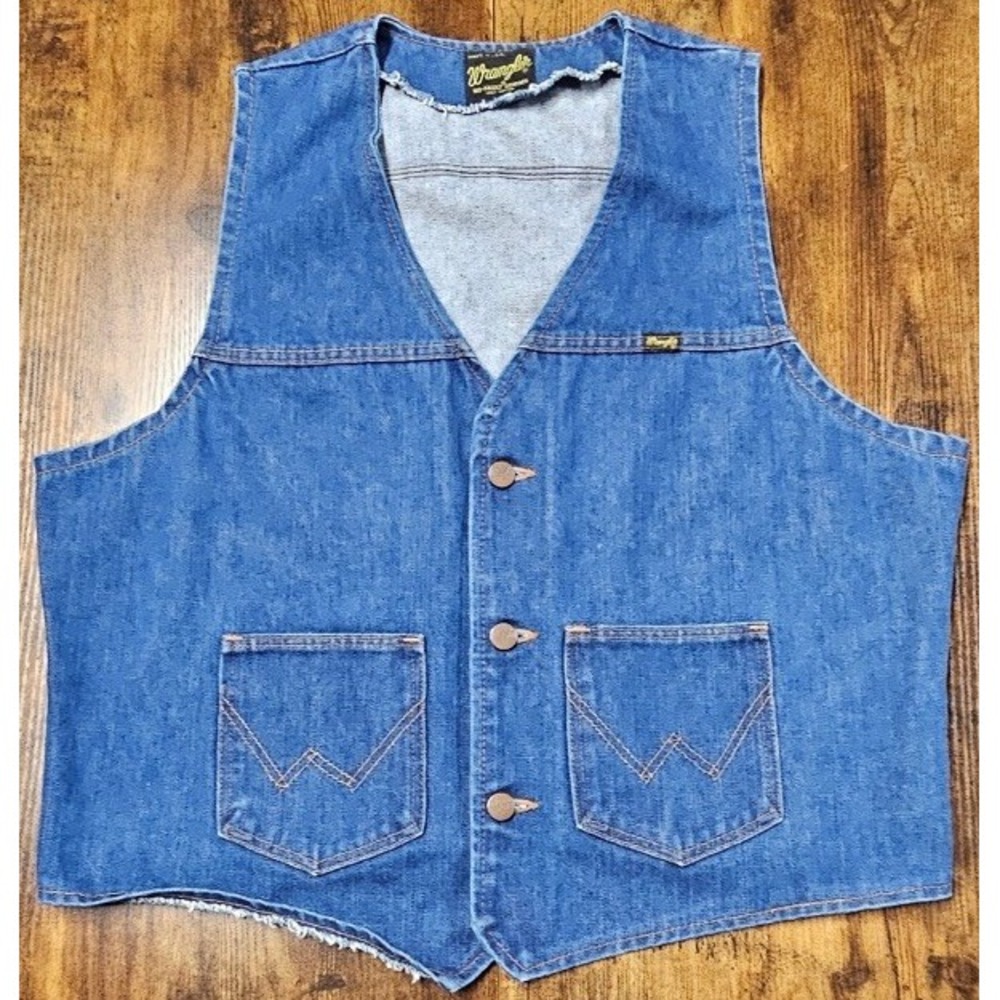 VTG 70s WRANGLER Men's Denim Blue Jeans Western Cowboy Vest Jacket Large Cotton